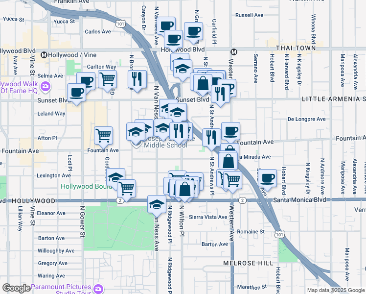 map of restaurants, bars, coffee shops, grocery stores, and more near 1278 Wilton Place in Los Angeles