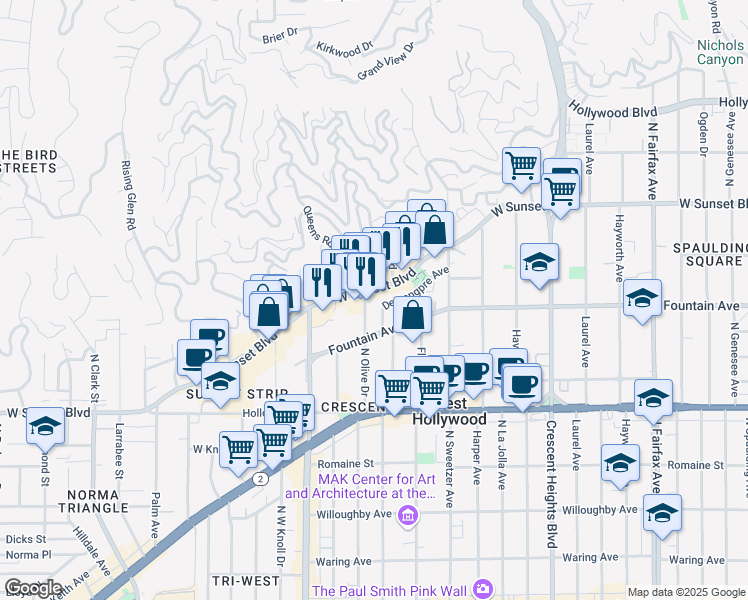 map of restaurants, bars, coffee shops, grocery stores, and more near 8430 Sunset Boulevard in West Hollywood