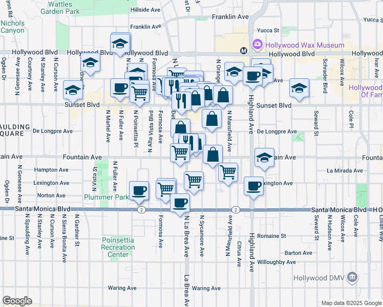 map of restaurants, bars, coffee shops, grocery stores, and more near in Los Angeles
