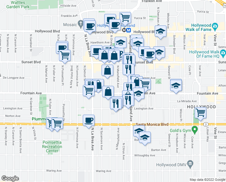 map of restaurants, bars, coffee shops, grocery stores, and more near 1317 North Mansfield Avenue in Los Angeles