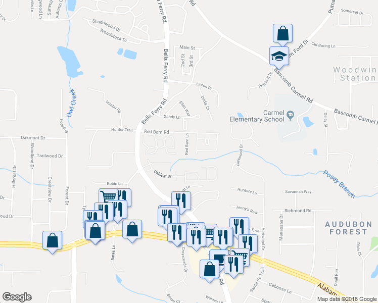 map of restaurants, bars, coffee shops, grocery stores, and more near 135 Red Barn Lane in Acworth