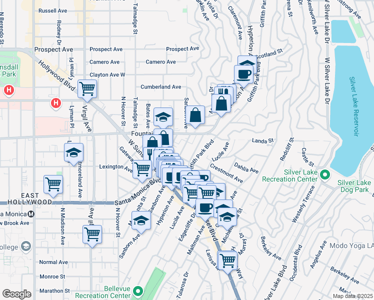 map of restaurants, bars, coffee shops, grocery stores, and more near 1241 Hyperion Avenue in Los Angeles