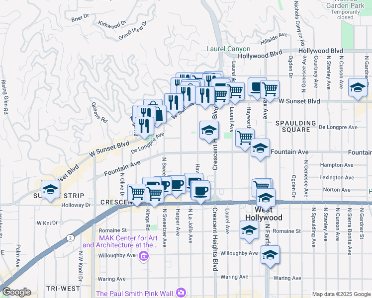 map of restaurants, bars, coffee shops, grocery stores, and more near in West Hollywood