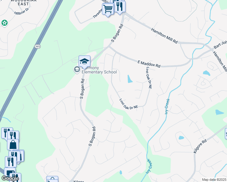 map of restaurants, bars, coffee shops, grocery stores, and more near 3874 Lost Oak Drive Northeast in Buford