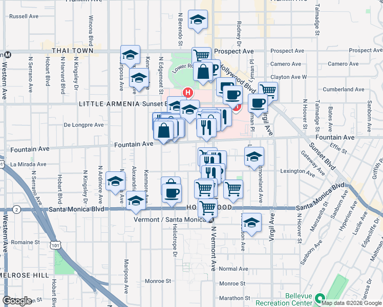 map of restaurants, bars, coffee shops, grocery stores, and more near 1245 North New Hampshire Avenue in Los Angeles
