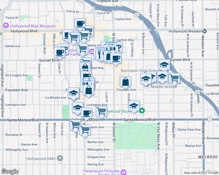 map of restaurants, bars, coffee shops, grocery stores, and more near 6117 Fountain Avenue in Los Angeles