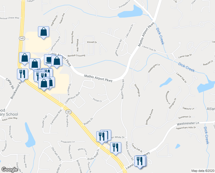 map of restaurants, bars, coffee shops, grocery stores, and more near 470 Morning Dove Lane in Suwanee
