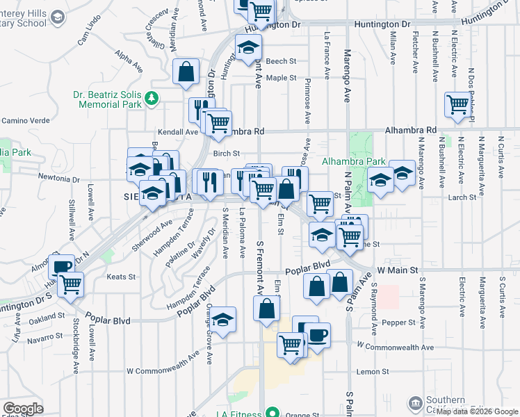 map of restaurants, bars, coffee shops, grocery stores, and more near 2 South Fremont Avenue in Alhambra