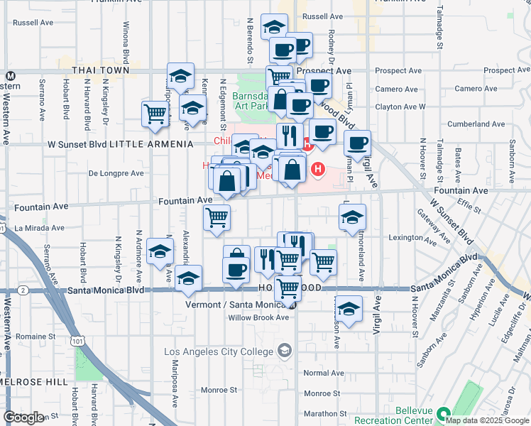 map of restaurants, bars, coffee shops, grocery stores, and more near 1250 North New Hampshire Avenue in Los Angeles