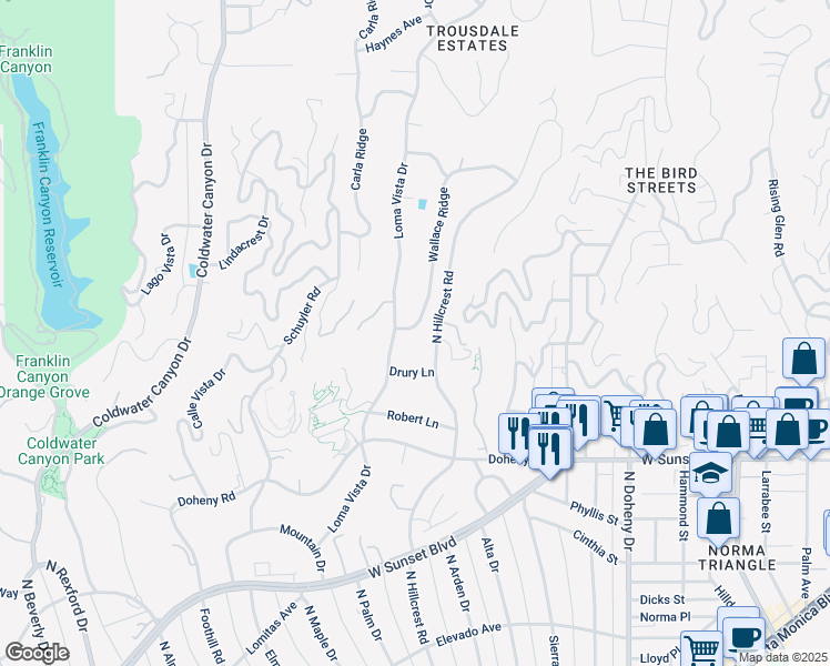 map of restaurants, bars, coffee shops, grocery stores, and more near 1012 Wallace Ridge in Beverly Hills