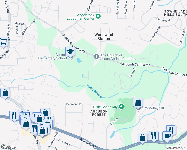 map of restaurants, bars, coffee shops, grocery stores, and more near 3032 Farm Tract Trail in Woodstock