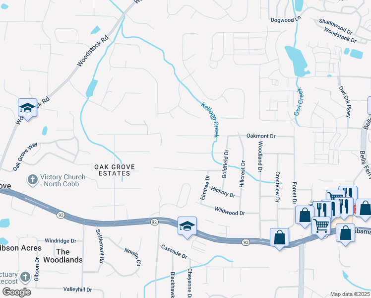 map of restaurants, bars, coffee shops, grocery stores, and more near 1592 Deerwood Lane in Acworth