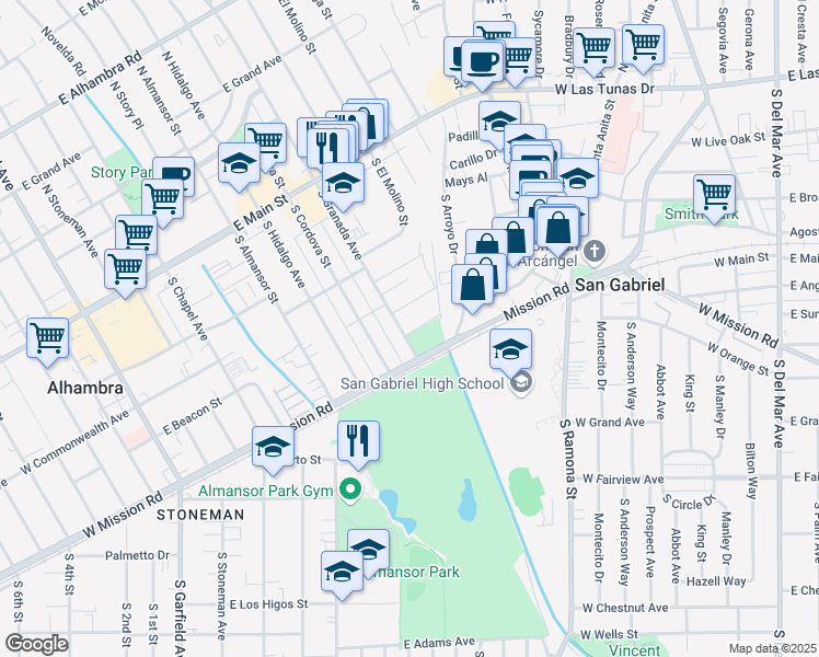 map of restaurants, bars, coffee shops, grocery stores, and more near 414 South Granada Avenue in Alhambra
