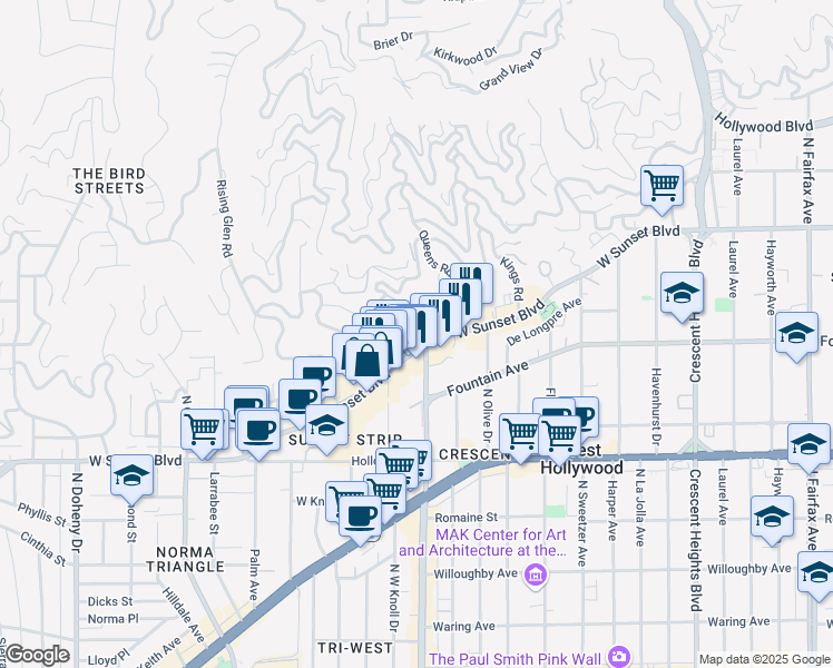 map of restaurants, bars, coffee shops, grocery stores, and more near 8497 Sunset Boulevard in West Hollywood