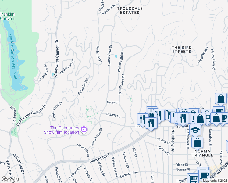 map of restaurants, bars, coffee shops, grocery stores, and more near 1012 Wallace Ridge in Beverly Hills