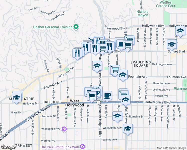 map of restaurants, bars, coffee shops, grocery stores, and more near 1305 North Crescent Heights Boulevard in West Hollywood