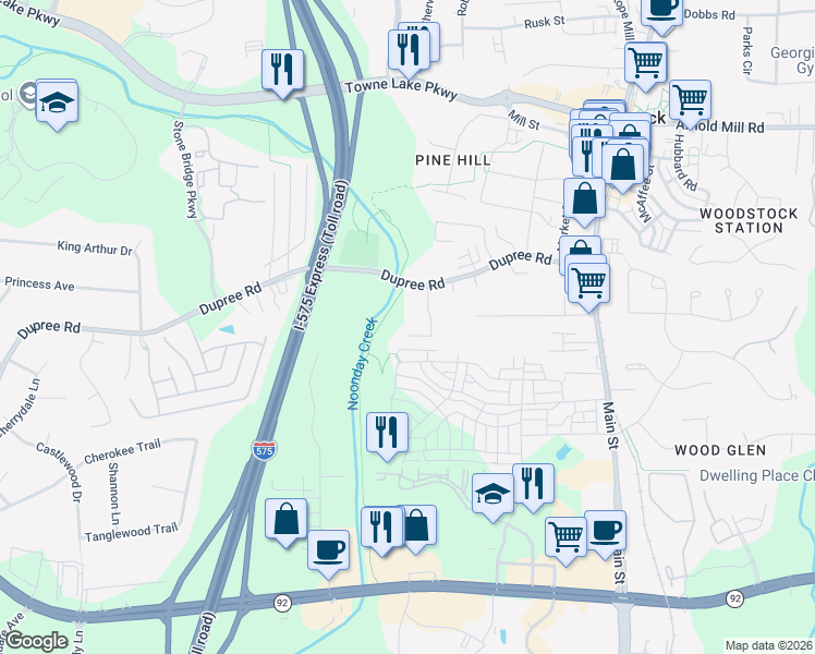 map of restaurants, bars, coffee shops, grocery stores, and more near 136 Creekwood Drive in Woodstock