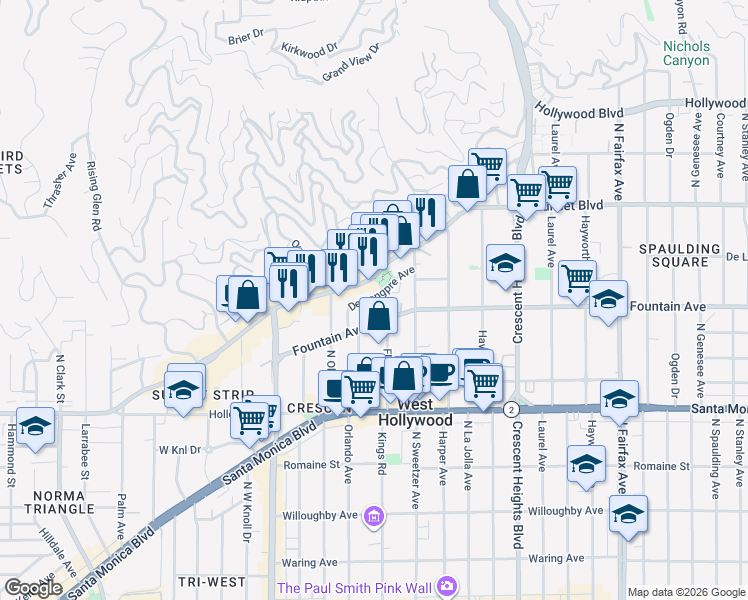 map of restaurants, bars, coffee shops, grocery stores, and more near 8400 Sunset Boulevard in West Hollywood