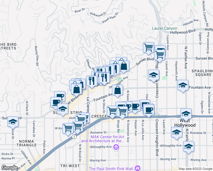 map of restaurants, bars, coffee shops, grocery stores, and more near 8420 Sunset Boulevard in West Hollywood