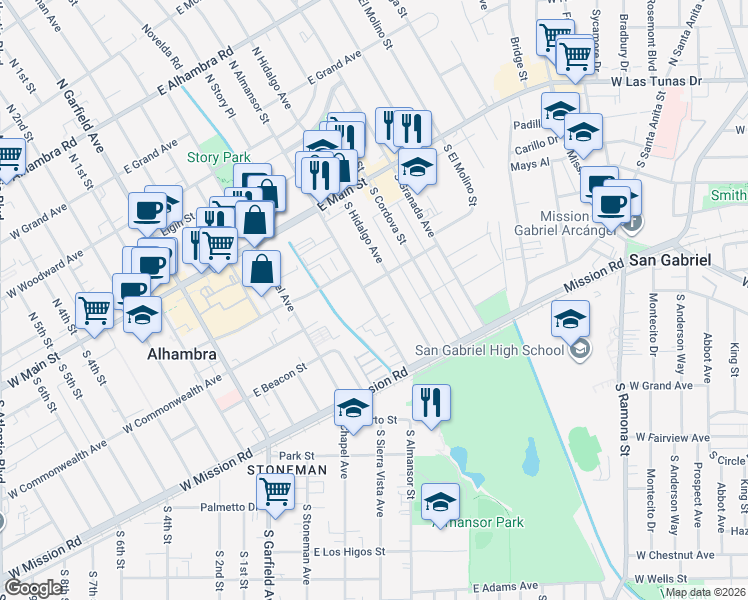 map of restaurants, bars, coffee shops, grocery stores, and more near 330 South Almansor Street in Alhambra