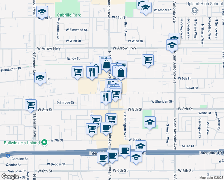 map of restaurants, bars, coffee shops, grocery stores, and more near 125n North Mountain Avenue in Upland