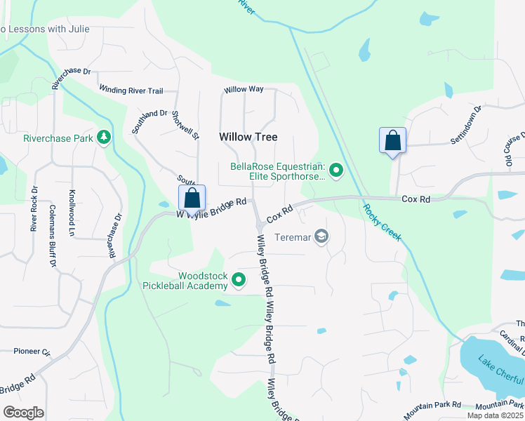 map of restaurants, bars, coffee shops, grocery stores, and more near 1142 Wiley Bridge Road in Woodstock