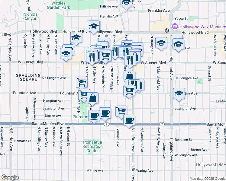 map of restaurants, bars, coffee shops, grocery stores, and more near 1306 North Alta Vista Boulevard in Los Angeles