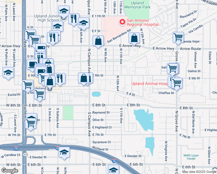 map of restaurants, bars, coffee shops, grocery stores, and more near 138 North 9th Avenue in Upland