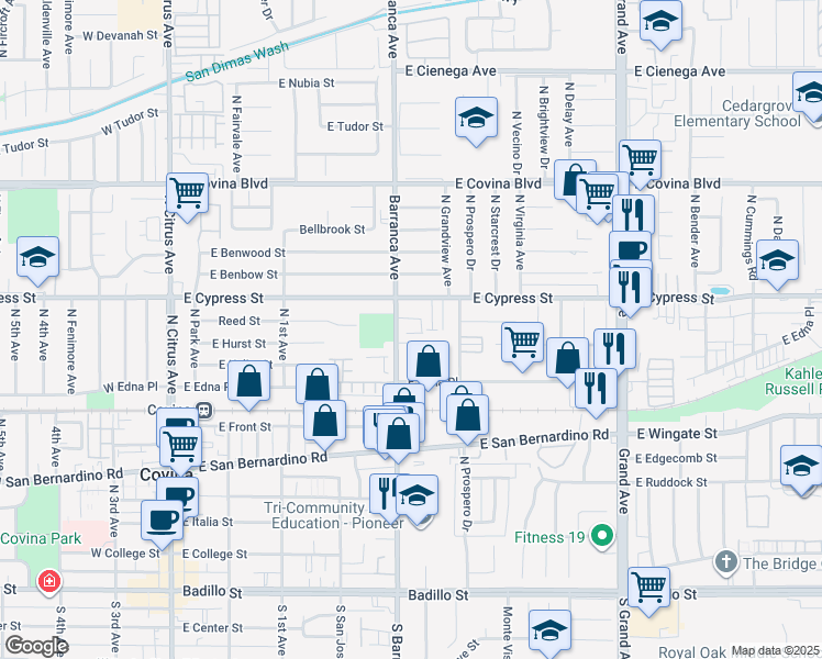map of restaurants, bars, coffee shops, grocery stores, and more near 826 Barranca Avenue in Covina