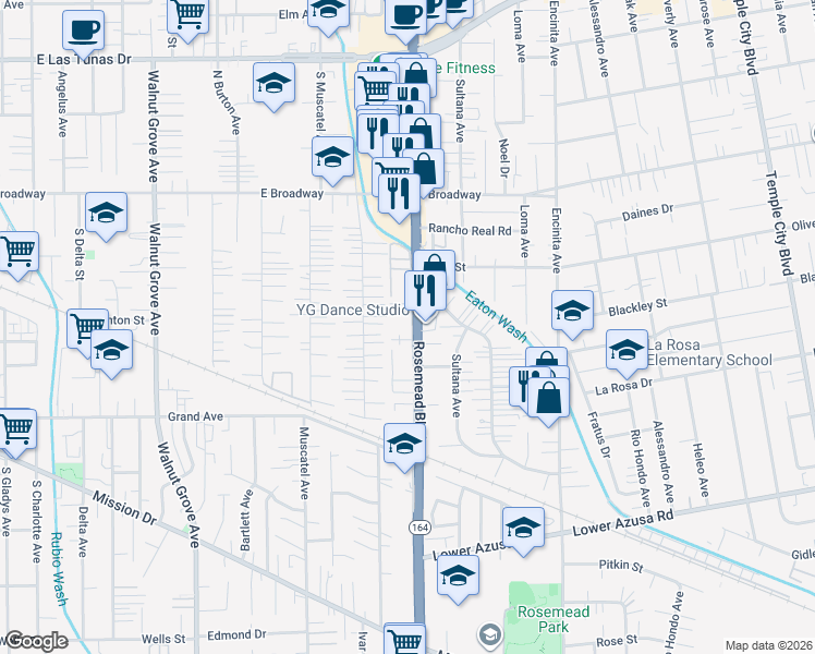 map of restaurants, bars, coffee shops, grocery stores, and more near 5221 California 19 in San Gabriel