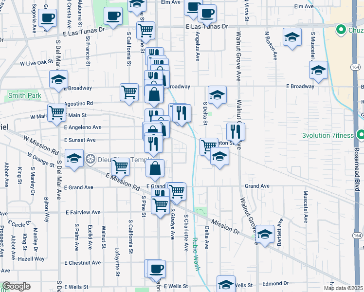 map of restaurants, bars, coffee shops, grocery stores, and more near 818 Santa Fe Avenue in San Gabriel