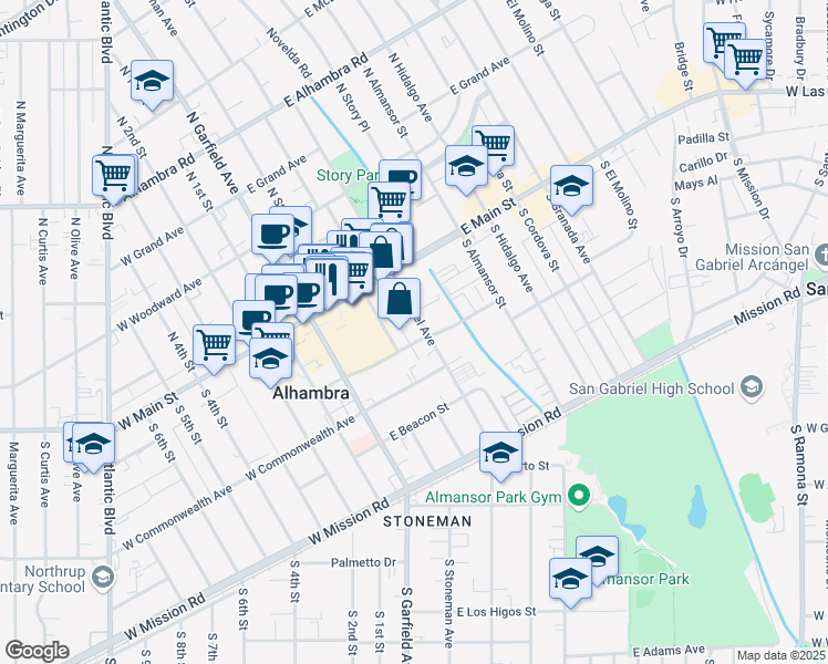 map of restaurants, bars, coffee shops, grocery stores, and more near 111 South Chapel Avenue in Alhambra