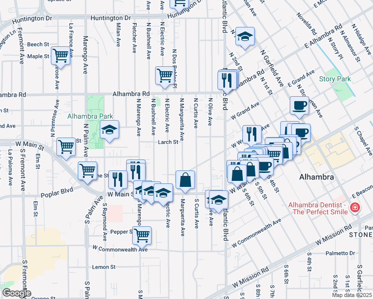 map of restaurants, bars, coffee shops, grocery stores, and more near 229a North Marguerita Avenue in Alhambra