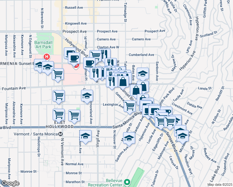 map of restaurants, bars, coffee shops, grocery stores, and more near 4335 Gateway Avenue in Los Angeles