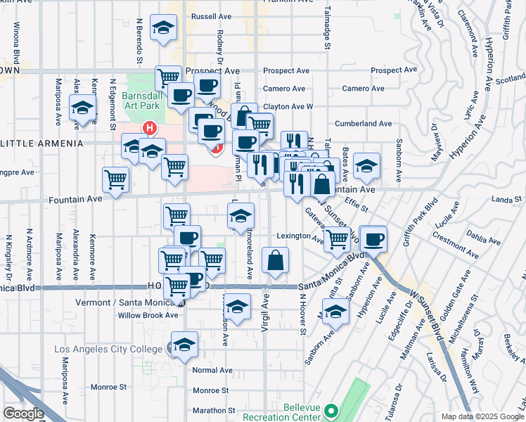 map of restaurants, bars, coffee shops, grocery stores, and more near 1255 North Virgil Avenue in Los Angeles