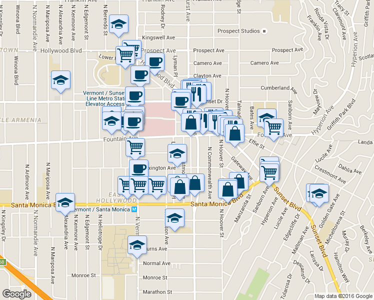 map of restaurants, bars, coffee shops, grocery stores, and more near 1255 North Virgil Avenue in Los Angeles