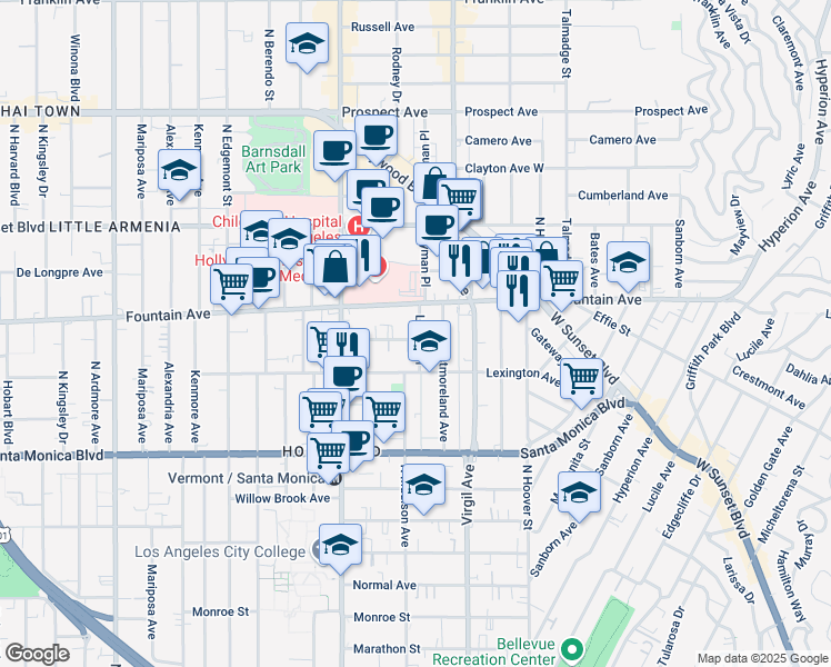 map of restaurants, bars, coffee shops, grocery stores, and more near 1266 Lyman Place in Los Angeles