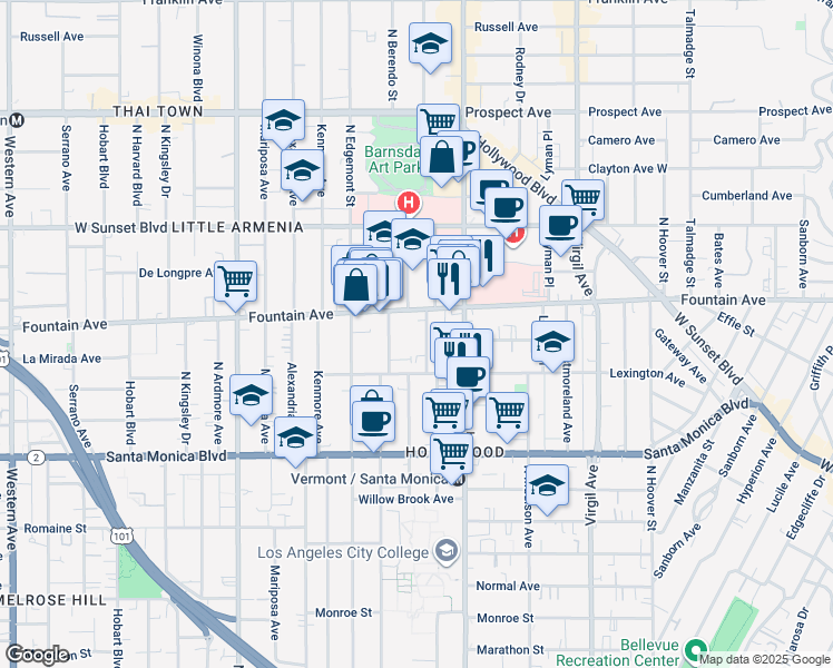 map of restaurants, bars, coffee shops, grocery stores, and more near 1250 North New Hampshire Avenue in Los Angeles