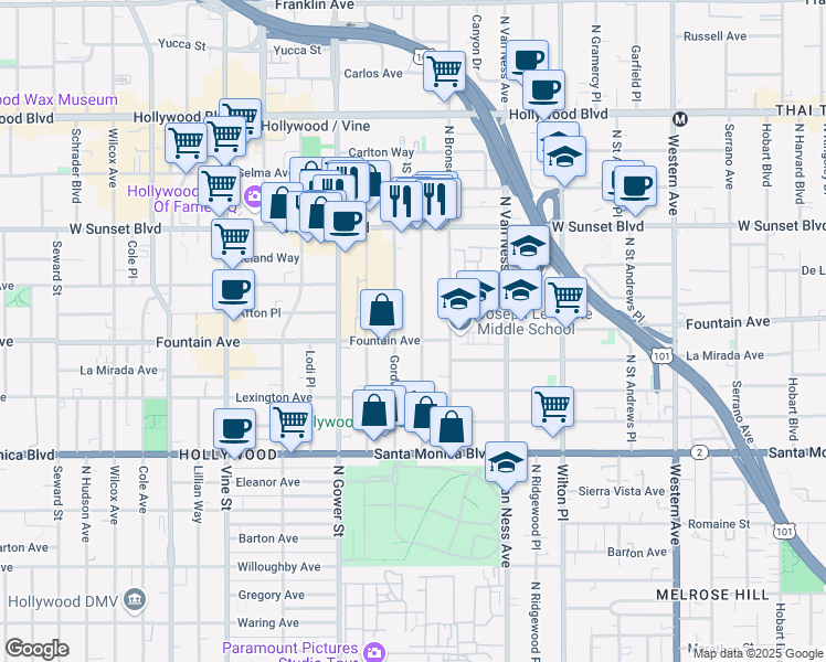 map of restaurants, bars, coffee shops, grocery stores, and more near 1316 1/2 Gordon Street in Los Angeles