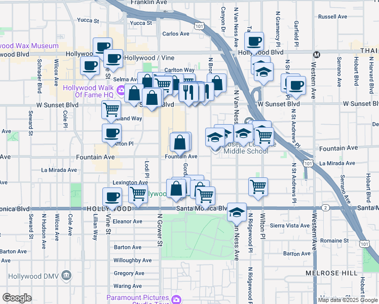 map of restaurants, bars, coffee shops, grocery stores, and more near 1316 1/2 Gordon Street in Los Angeles