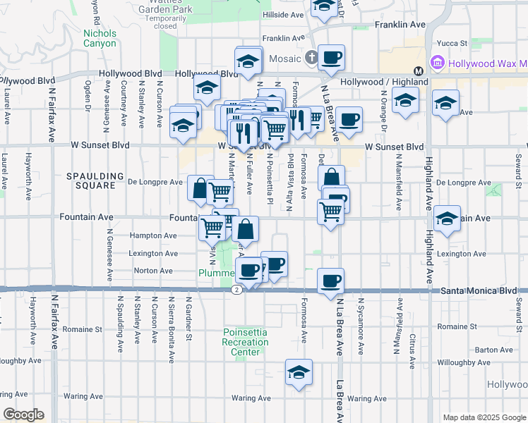 map of restaurants, bars, coffee shops, grocery stores, and more near 1321 North Poinsettia Place in Los Angeles