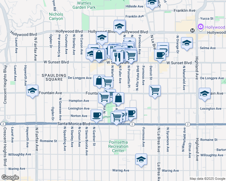 map of restaurants, bars, coffee shops, grocery stores, and more near 1323 North Fuller Avenue in Los Angeles