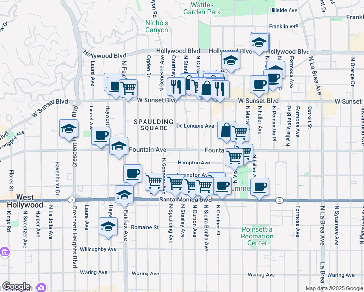 map of restaurants, bars, coffee shops, grocery stores, and more near 1317 North Stanley Avenue in Los Angeles