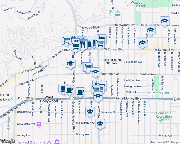 map of restaurants, bars, coffee shops, grocery stores, and more near 1331 North Hayworth Avenue in West Hollywood
