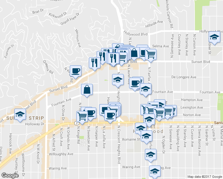 map of restaurants, bars, coffee shops, grocery stores, and more near 1305 North Crescent Heights Boulevard in West Hollywood