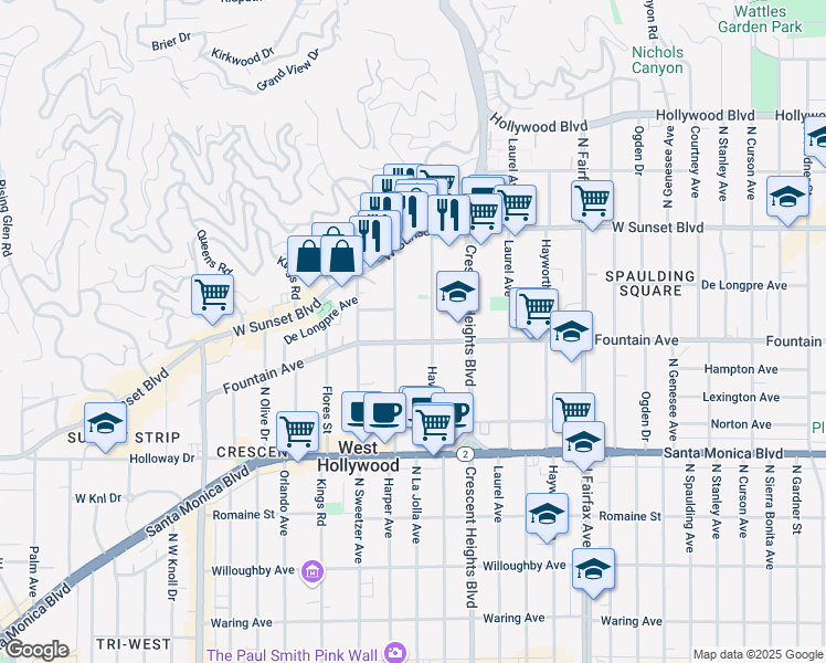 map of restaurants, bars, coffee shops, grocery stores, and more near in West Hollywood
