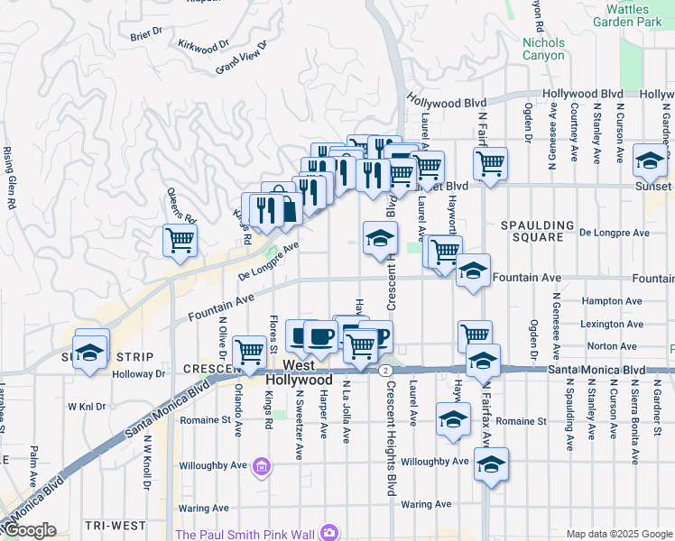 map of restaurants, bars, coffee shops, grocery stores, and more near 1319 Havenhurst Drive in West Hollywood