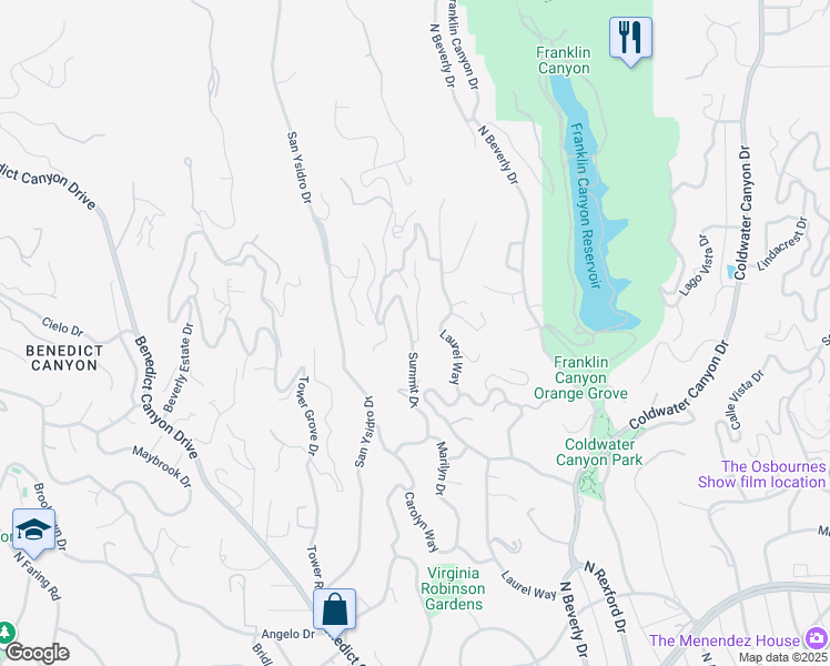 map of restaurants, bars, coffee shops, grocery stores, and more near 1323 Dawnridge Drive in Beverly Hills