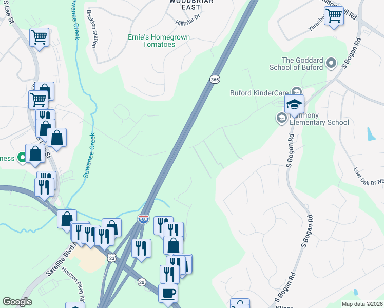 map of restaurants, bars, coffee shops, grocery stores, and more near 2128 East Maddox Road in Buford
