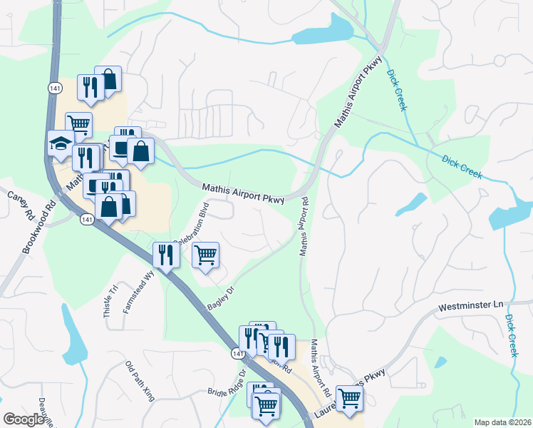 map of restaurants, bars, coffee shops, grocery stores, and more near 470 Morning Dove Lane in Suwanee